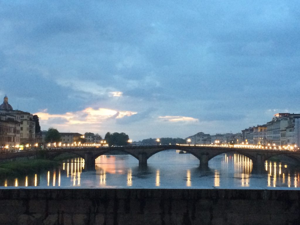 Lights on the River Arno, in Florence, Italy, at night.