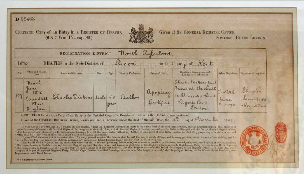 Dicken's Death Certificate