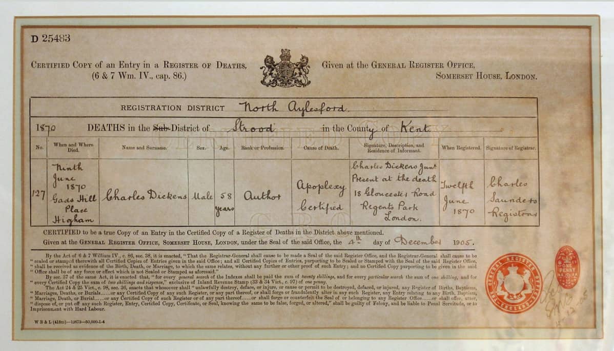 Dicken's Death Certificate